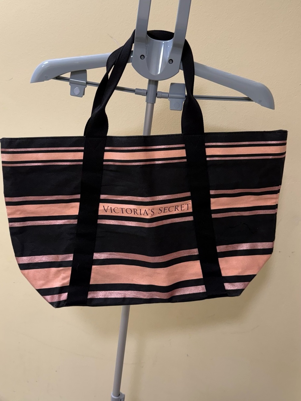 Victoria's Secret Black and Pink Metallic Stripe Tote
